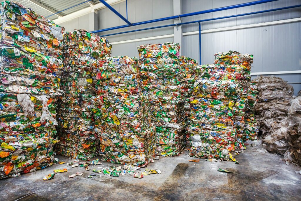 Plastic bales of rubbish at the waste treatment processing plant.